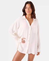 Solid Crinkle Long Sleeve Cover Up Camp Shirt