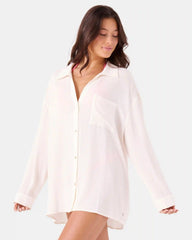 Solid Crinkle Long Sleeve Cover Up Camp Shirt