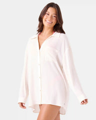 Solid Crinkle Long Sleeve Cover Up Camp Shirt